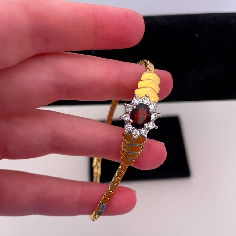 Vintage Gold Bracelet with Red Center Gem and Clear Accents